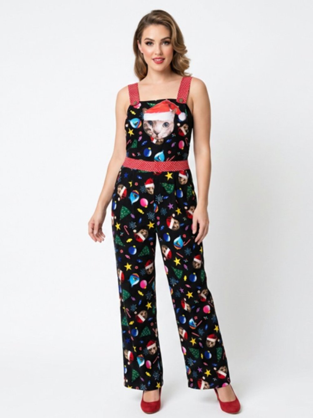 Love On A Hanger Women's Black Christmas Kitty Cat Velour Overalls Size Medium